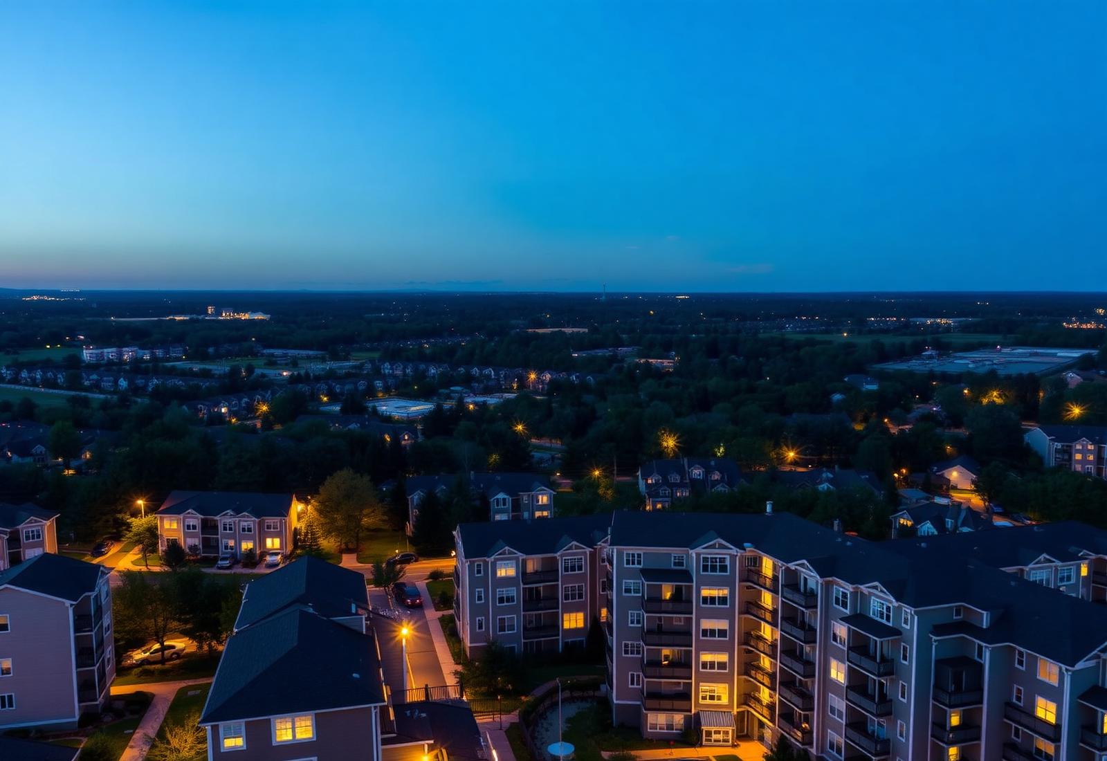 Aerial dusk view of an investment property neighborhood